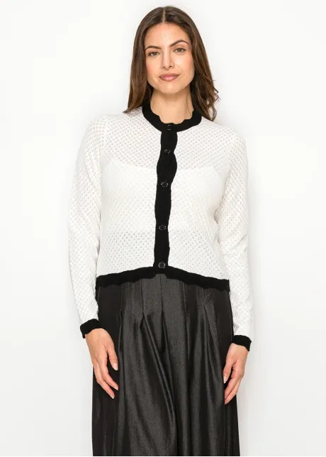 White Pointelle Cardigan with Black Trim