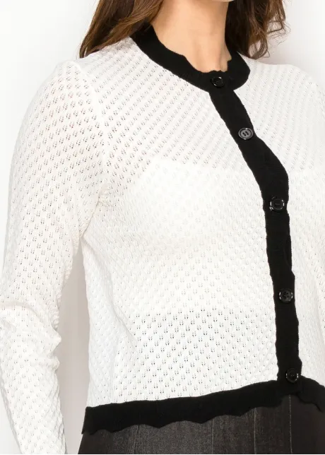 White Pointelle Cardigan with Black Trim