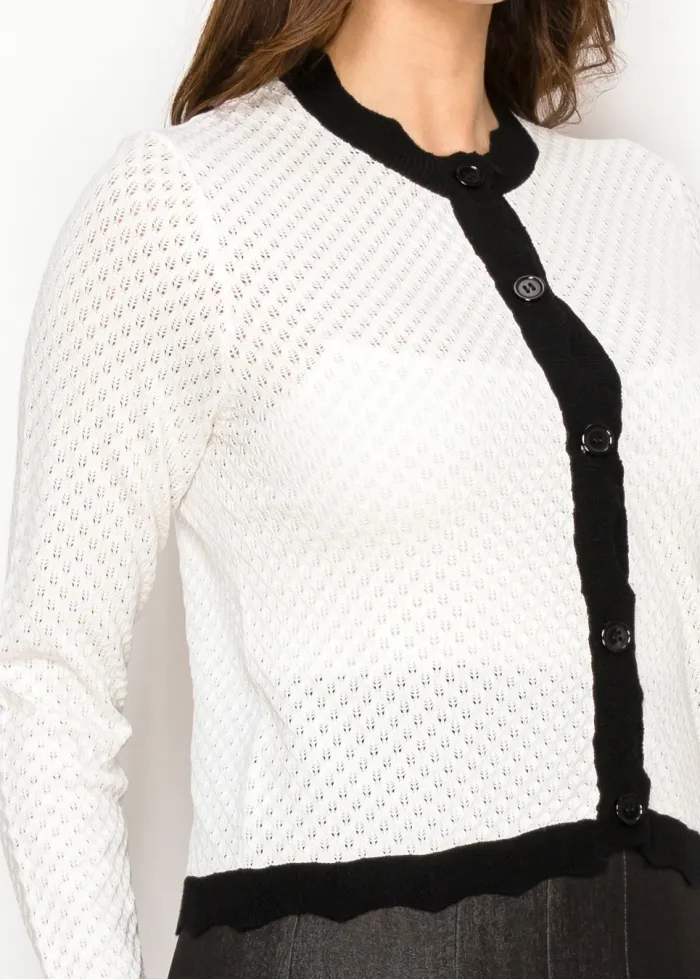 White Pointelle Cardigan with Black Trim