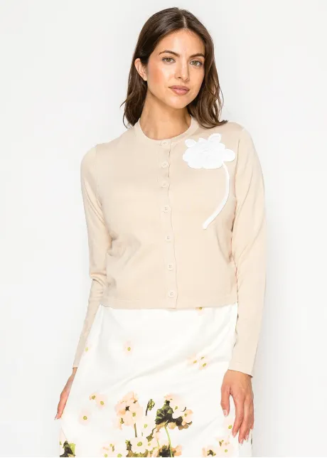 Timeless beige knit cardigan with floral detail