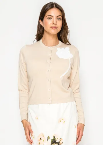 Timeless beige knit cardigan with floral detail