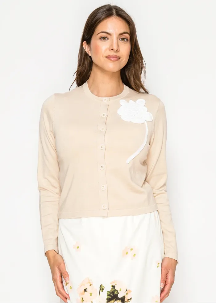 Timeless beige knit cardigan with floral detail