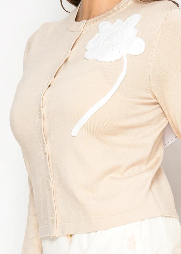 Timeless beige knit cardigan with floral detail