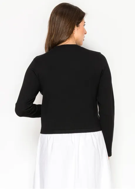 Black Crewneck Cardigan with Floral Accent