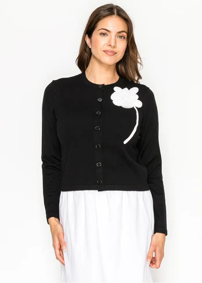 Black Crewneck Cardigan with Floral Accent