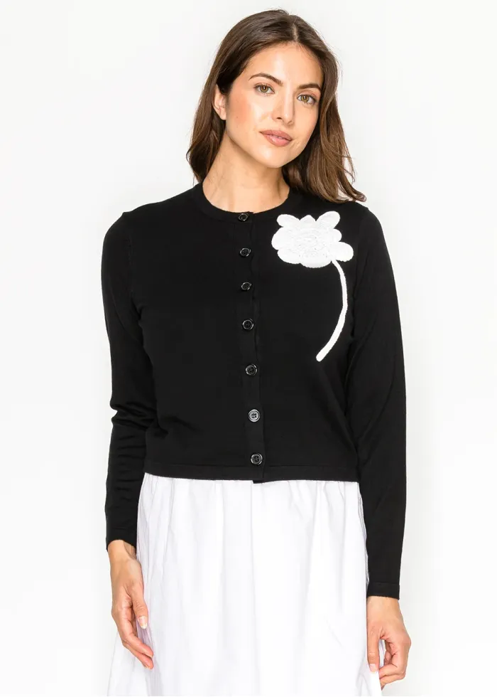 Black Crewneck Cardigan with Floral Accent