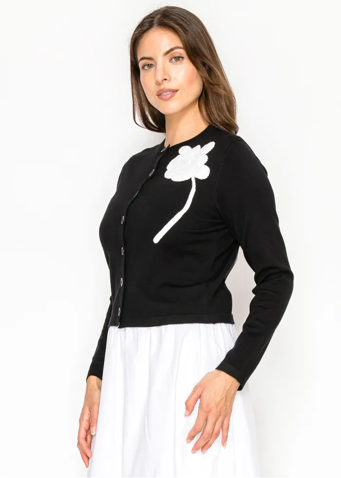 Black Crewneck Cardigan with Floral Accent
