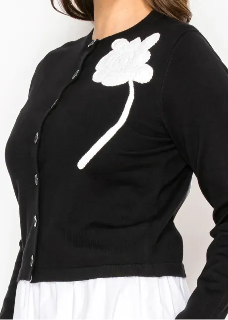Black Crewneck Cardigan with Floral Accent