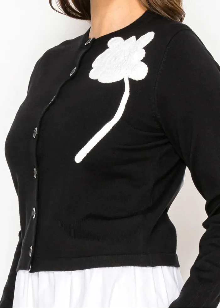 Black Crewneck Cardigan with Floral Accent