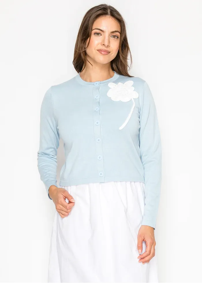 Blue Knit Cardigan with Floral Applique