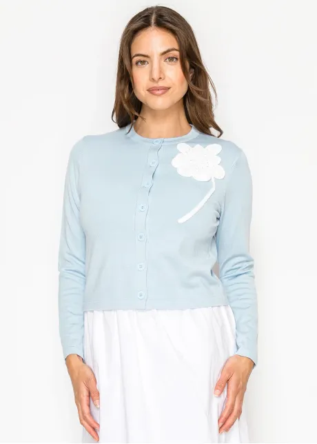 Blue Knit Cardigan with Floral Applique