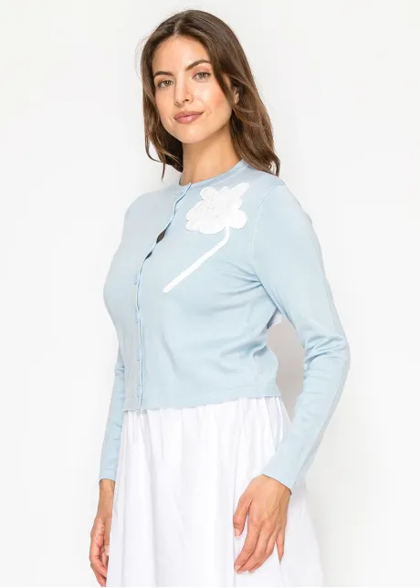 Blue Knit Cardigan with Floral Applique