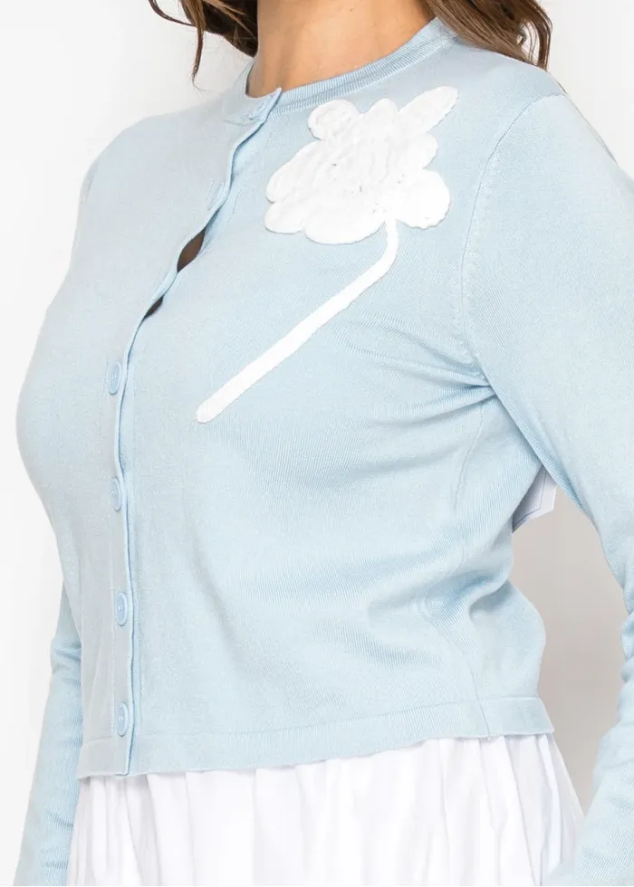 Blue Knit Cardigan with Floral Applique
