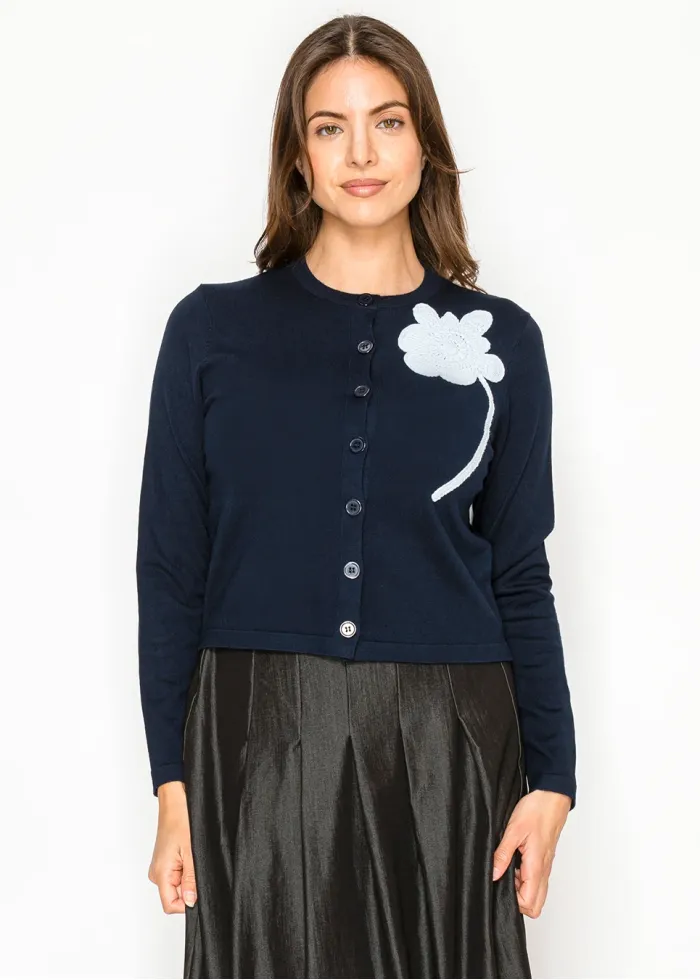 Navy Cardigan with White Floral Accent