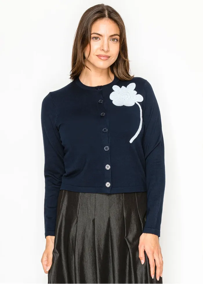 Navy Cardigan with White Floral Accent
