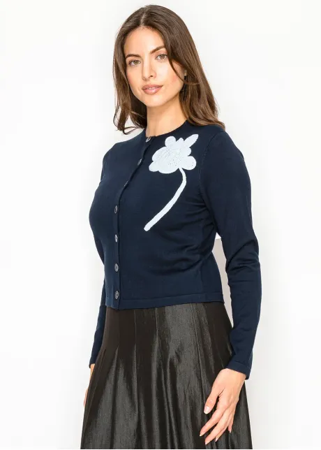Navy Cardigan with White Floral Accent