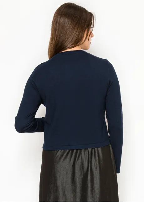 Navy Cardigan with White Floral Accent