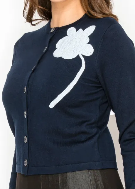 Navy Cardigan with White Floral Accent