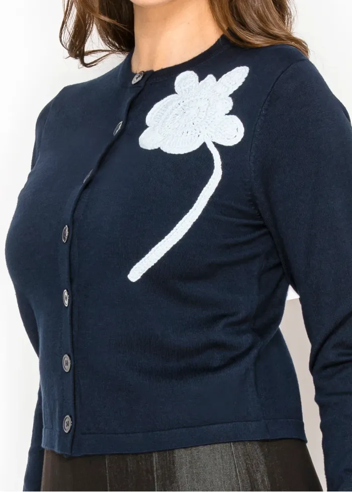 Navy Cardigan with White Floral Accent