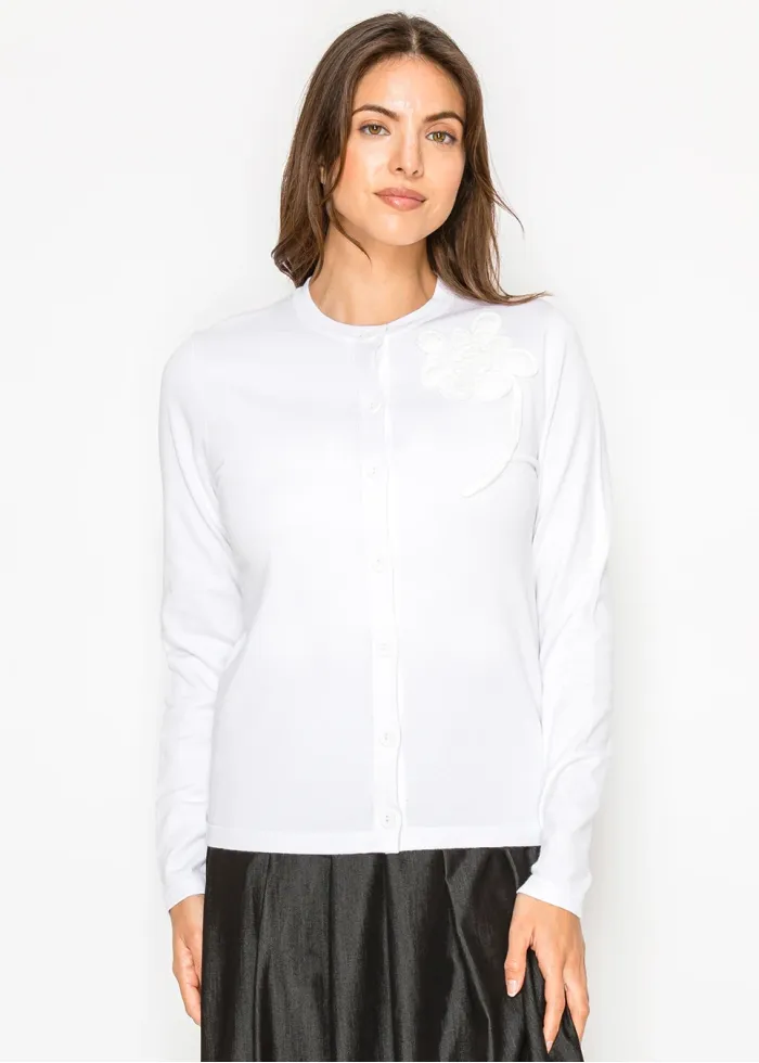 White Button Knit Cardigan with Appliqué