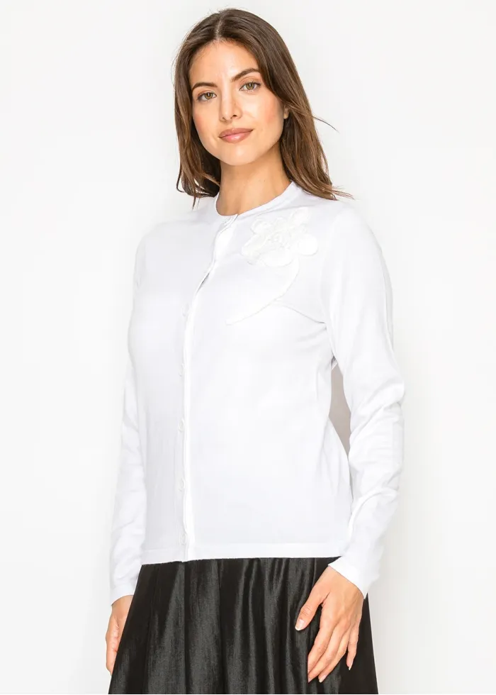 White Button Knit Cardigan with Appliqué