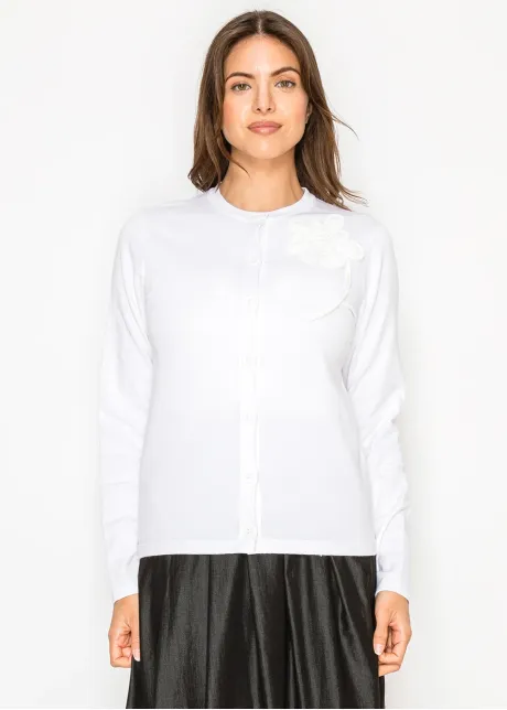 White Button Knit Cardigan with Appliqué