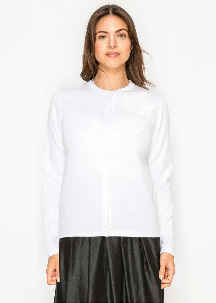 White Button Knit Cardigan with Appliqué