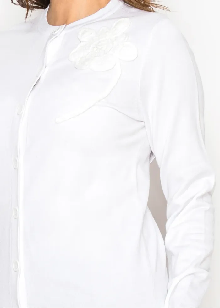 White Button Knit Cardigan with Appliqué