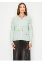 Light Blue V-Neck Floral Knit Cardigan