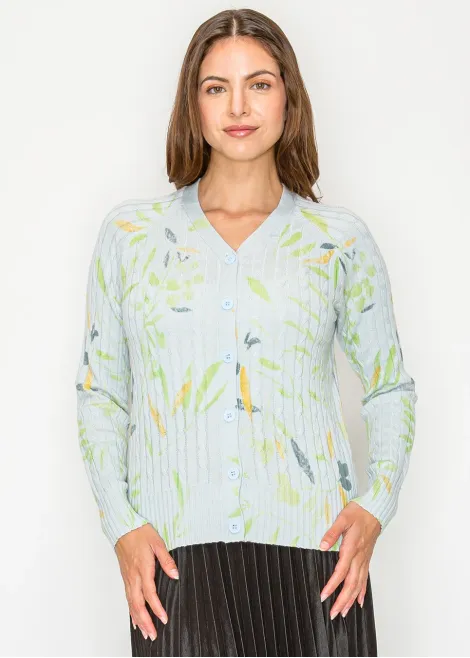 Light Blue V-Neck Floral Knit Cardigan