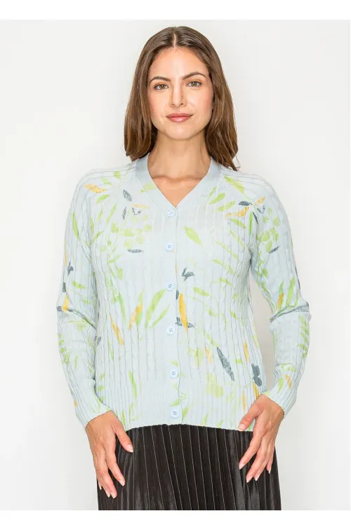 Light Blue V-Neck Floral Knit Cardigan