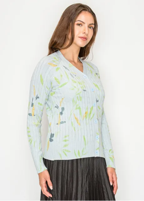 Light Blue V-Neck Floral Knit Cardigan