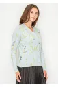 Light Blue V-Neck Floral Knit Cardigan