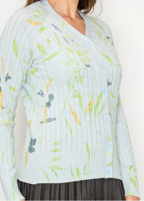 Light Blue V-Neck Floral Knit Cardigan