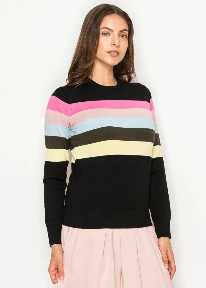 Soft Black Sweater with Gentle Color Stripes