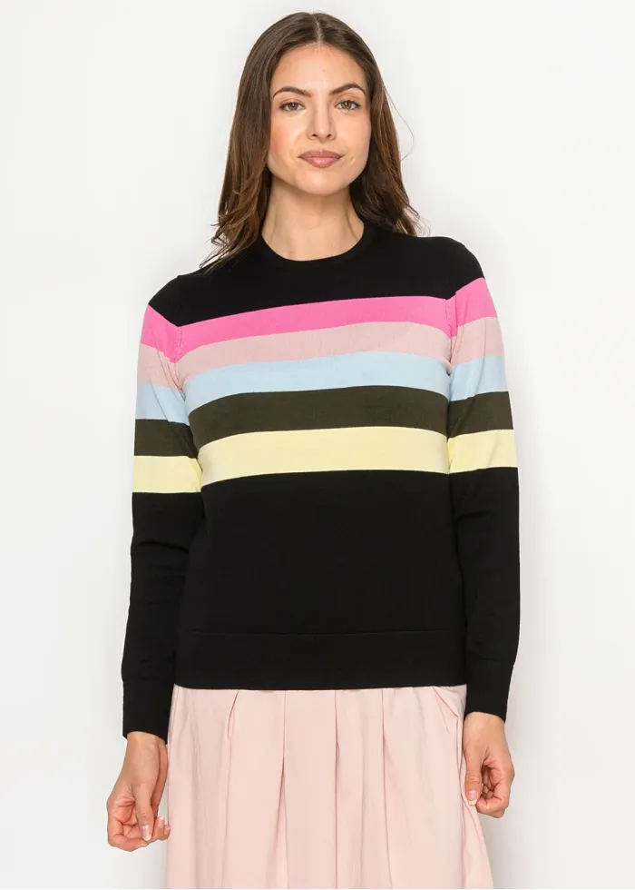 Soft Black Sweater with Gentle Color Stripes