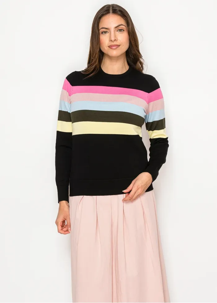 Soft Black Sweater with Gentle Color Stripes