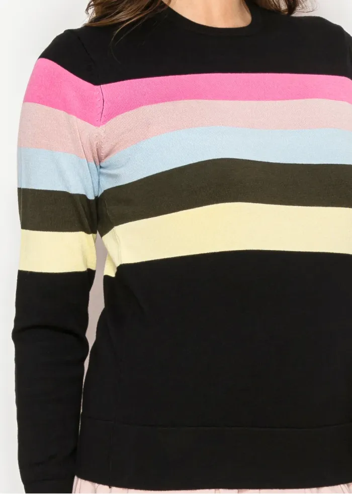 Soft Black Sweater with Gentle Color Stripes