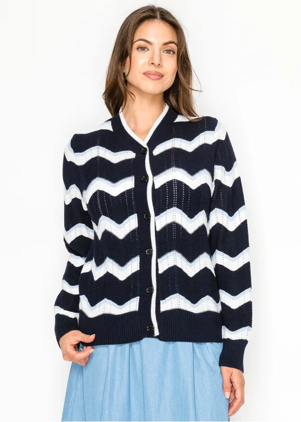 Chevron Stripe V-Neck Cardigan in Navy