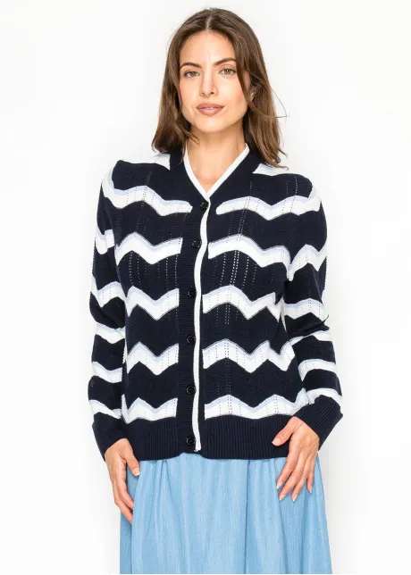 Chevron Stripe V-Neck Cardigan in Navy