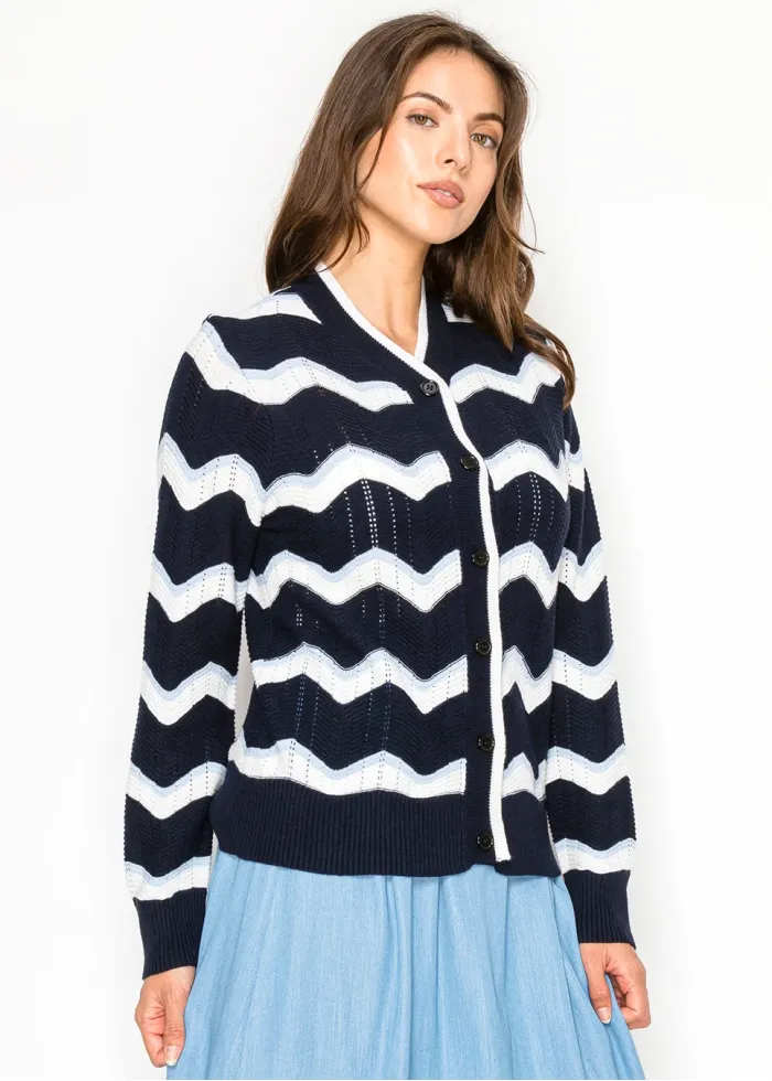 Chevron Stripe V-Neck Cardigan in Navy