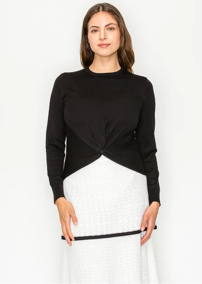 Black Twist Front Long Sleeve Knit Top