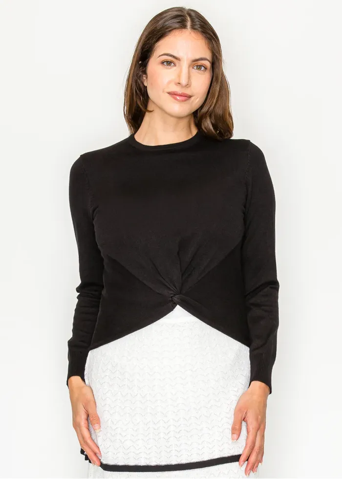 Black Twist Front Long Sleeve Knit Top