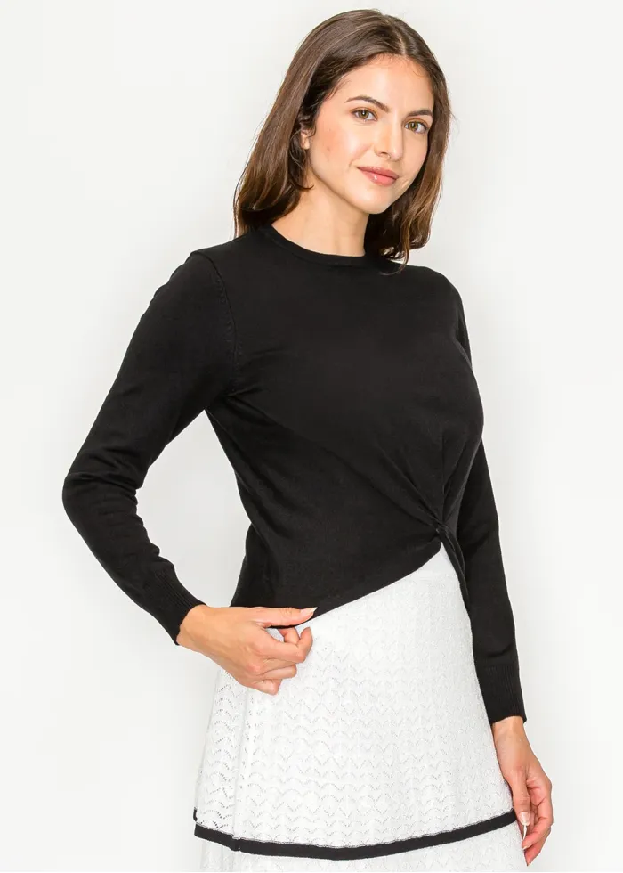 Black Twist Front Long Sleeve Knit Top