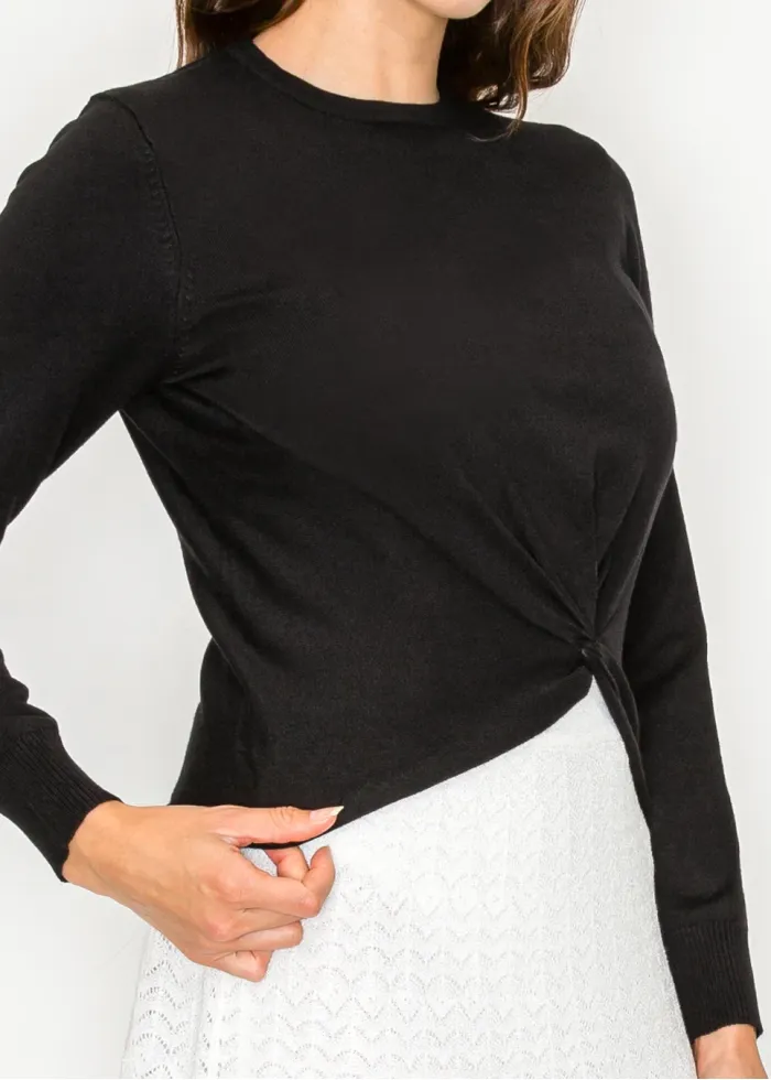 Black Twist Front Long Sleeve Knit Top