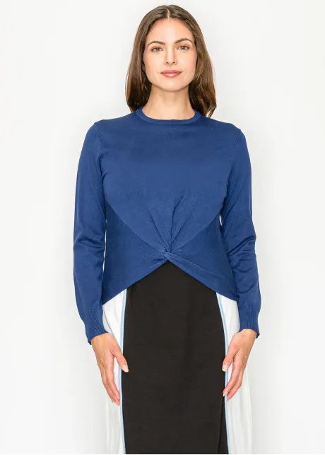 Elegant Deep Blue Front-Twist Pullover