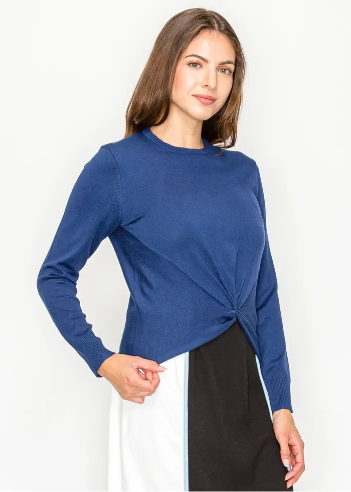 Elegant Deep Blue Front-Twist Pullover