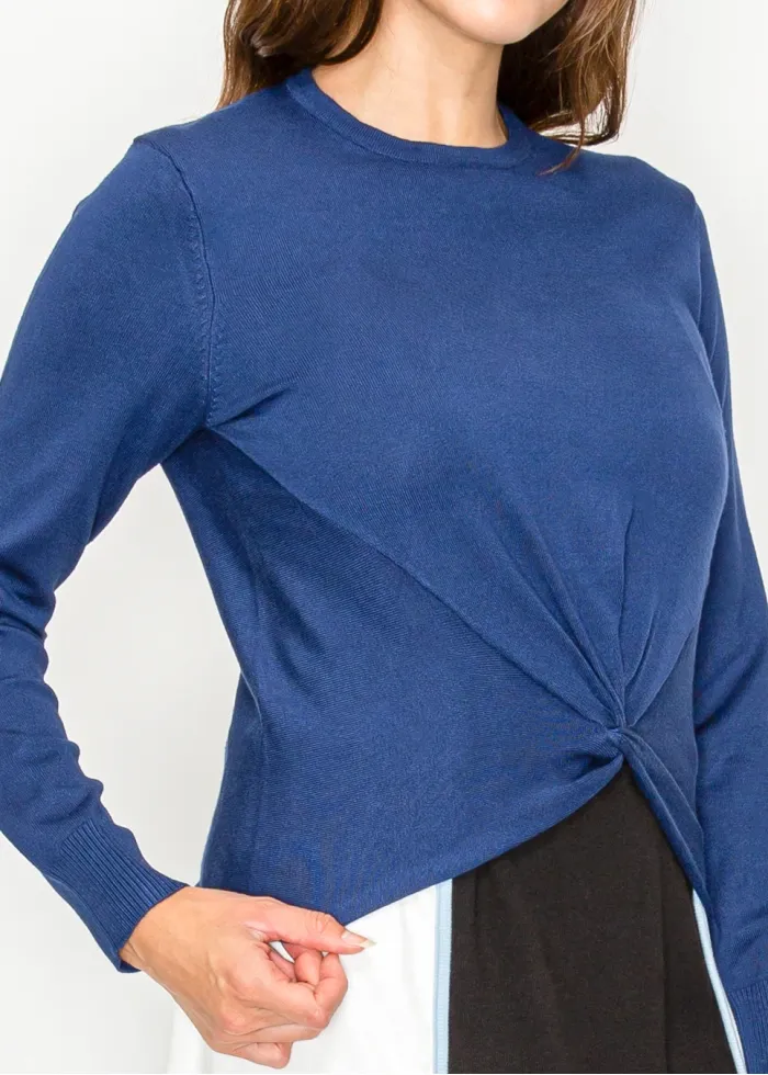 Elegant Deep Blue Front-Twist Pullover