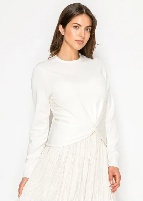 White Knit Sweater with Front Twist Detail