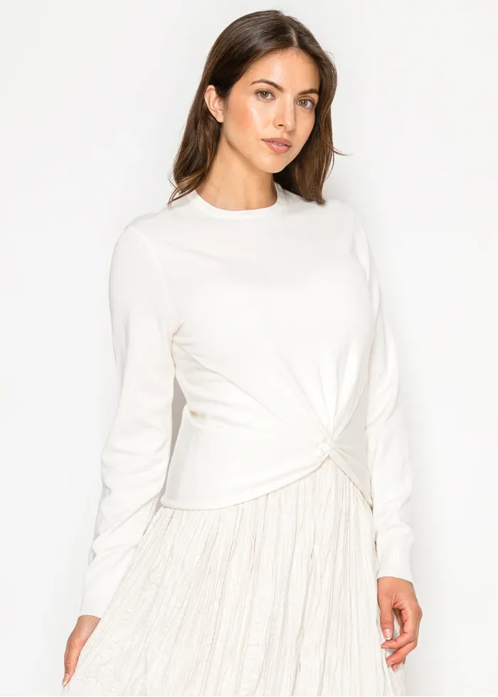 White Knit Sweater with Front Twist Detail